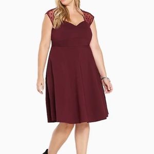 Torrid Burgundy Dress w/ polka dot mesh cap sleeves